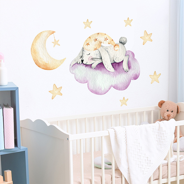 Pink Bunny on Cloud Children's Room Wall Sticker Set  Glass Wall Door Decorative Sticker Home Decoration for Baby Room