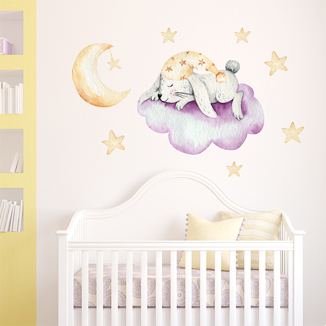 Pink Bunny on Cloud Children's Room Wall Sticker Set  Glass Wall Door Decorative Sticker Home Decoration for Baby Room