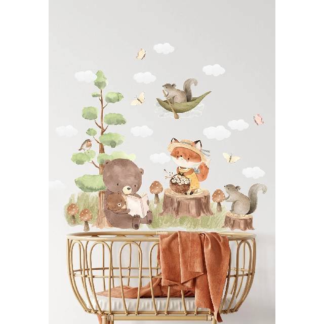 In the Forest Storytime Mother Bear Reading a Book Nursery Wall Decal Baby Room Playroom Wall Decoration Customization