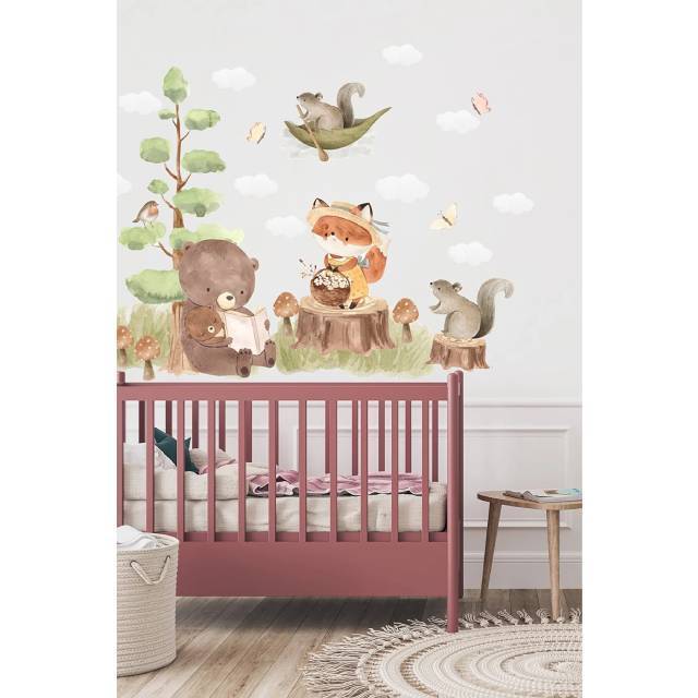 In the Forest Storytime Mother Bear Reading a Book Nursery Wall Decal Baby Room Playroom Wall Decoration Customization