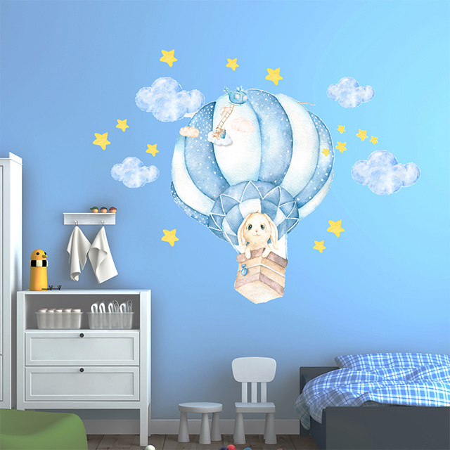 Cute Bunny Hot Air Balloon Children's Room Wall Sticker Bunny Wall Door Glass Decorative Sticker Home Decoration for Baby Ro