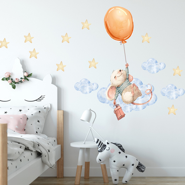 Cute Balloon Mouse Nursery Wall Decal Printing Waterproof Colorful Door Sticker Set for Children's Room Play Room Decor