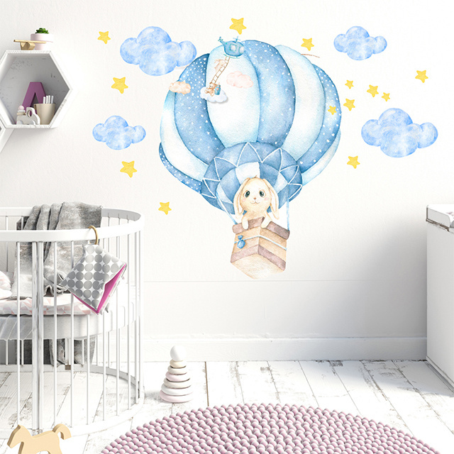 Cute Bunny Hot Air Balloon Children's Room Wall Sticker Bunny Wall Door Glass Decorative Sticker Home Decoration for Baby Ro