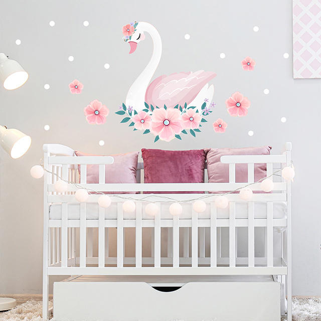 Sweet Swan Flower Children's Room Wall Sticker Set  Glass Wall Door Decorative Sticker Home Decoration for Baby Room