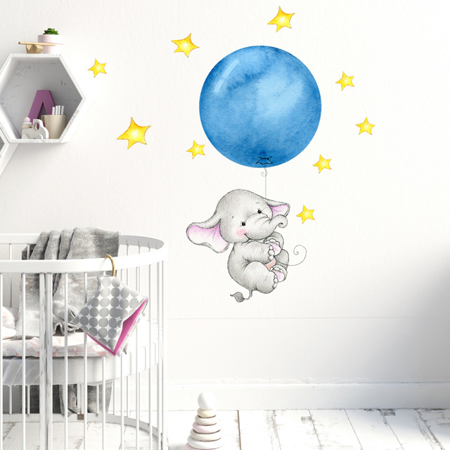 Cute Elephant and Balloon Children's Kids Room Decoration Waterproof Wall Sticker Set Nursery Wall Decoration Wall Decal