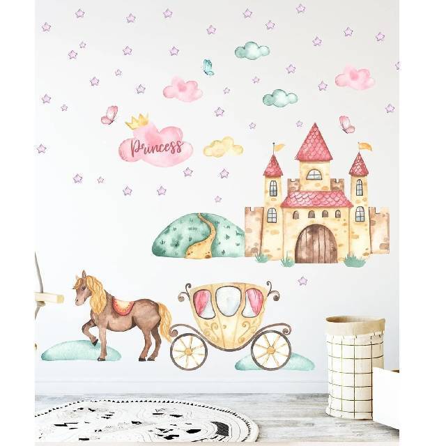 Fairy Tale Princess Castle and Horse School Nursery Children's Room Colorful Wall Sticker