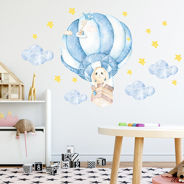 Cute Bunny Hot Air Balloon Children's Room Wall Sticker Bunny Wall Door Glass Decorative Sticker Home Decoration for Baby Ro