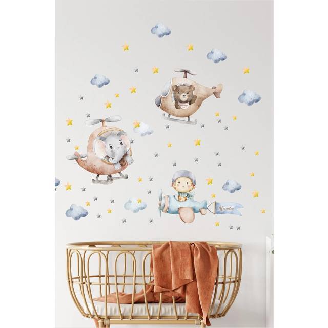 Rascals Team Cute Pilot Animals Nursery Wall Decal Baby Room Playroom Wall Decoration Customization Wall Decal for Kids Room