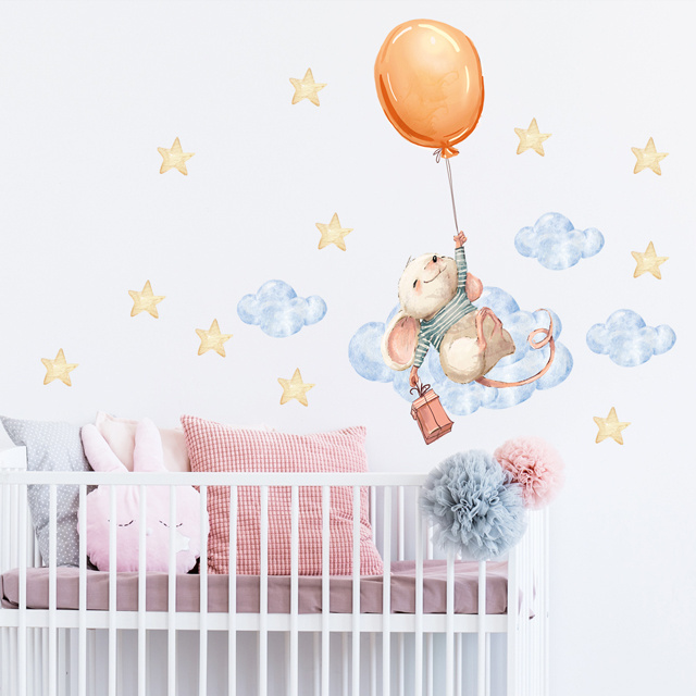 Cute Balloon Mouse Nursery Wall Decal Printing Waterproof Colorful Door Sticker Set for Children's Room Play Room Decor