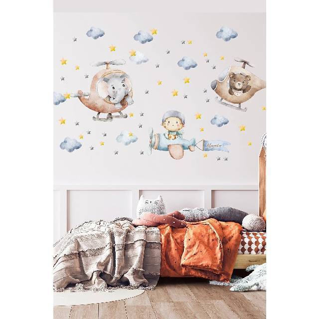 Rascals Team Cute Pilot Animals Nursery Wall Decal Baby Room Playroom Wall Decoration Customization Wall Decal for Kids Room