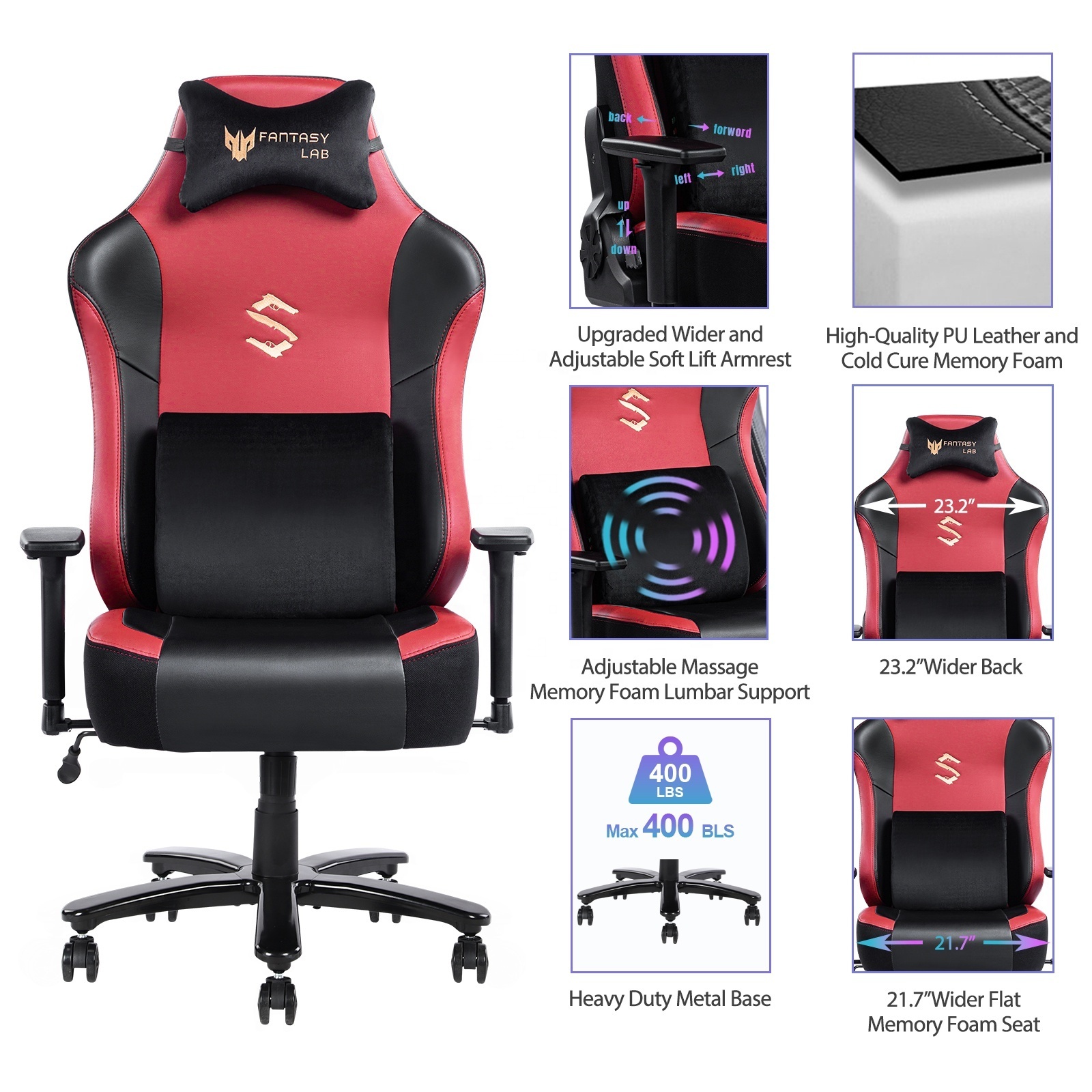 VANBOW Black-Red Comfortable Large Wide Seat Gaming Chair with Lumbar Support