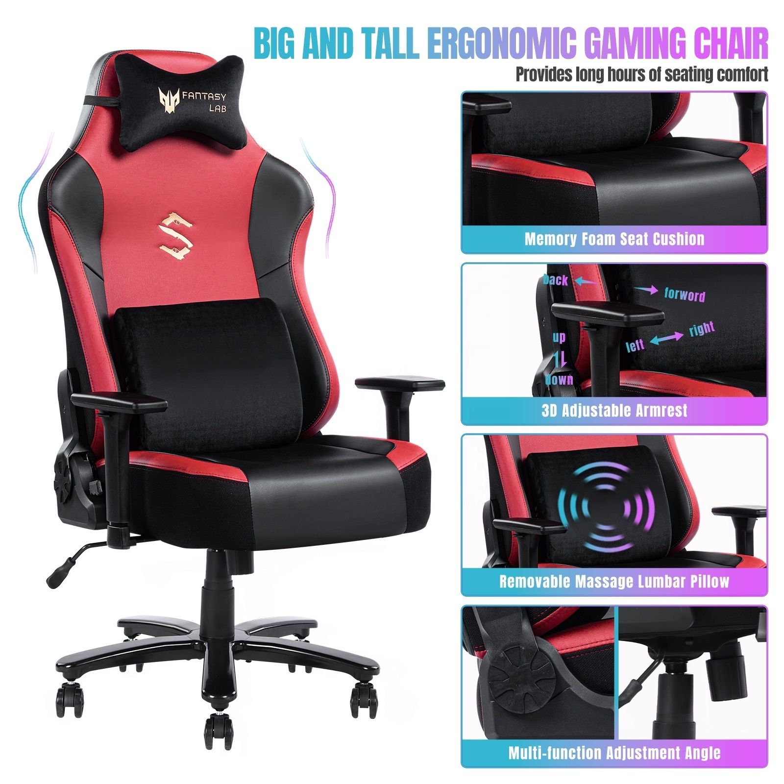 VANBOW Black-Red Comfortable Large Wide Seat Gaming Chair with Lumbar Support