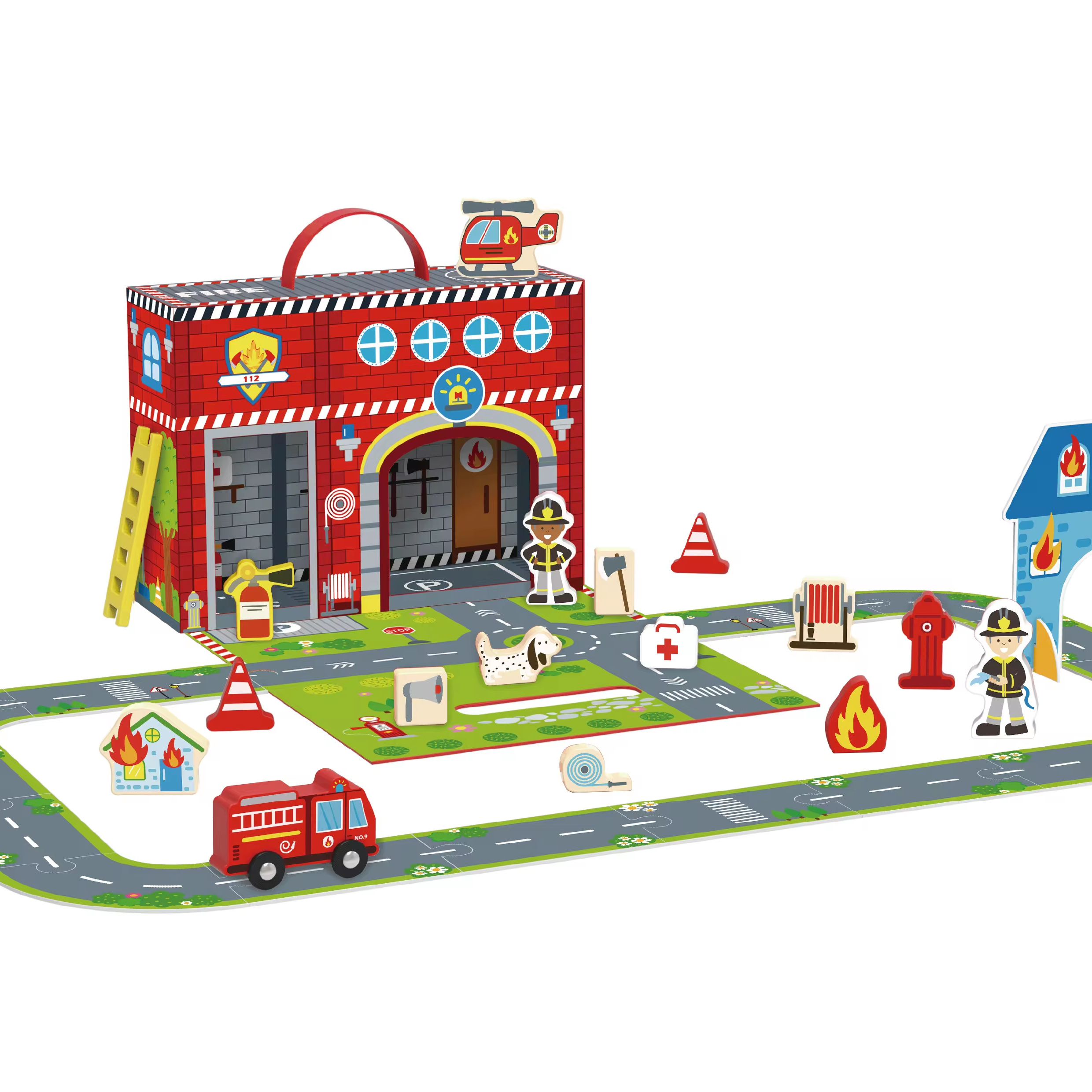 Best Selling Children Wooden Fire Station Building Toy City Fire Man Pretending Toy Kids Parking Lot Toy E-commerce