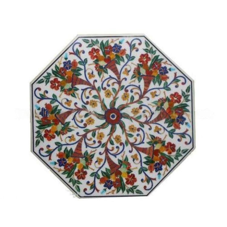 Mosaic White Marble Inlay Table Top, Inlaid With Semi Precious Gemstones Lapis Lazuli Table Top, Pietra Dura Fine Craft Work,