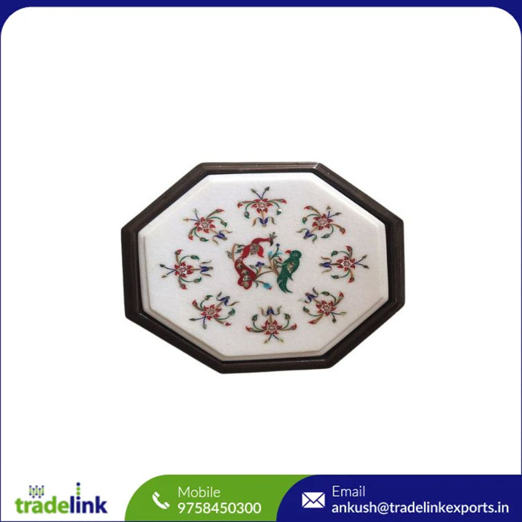 Mosaic White Marble Inlay Table Top, Inlaid With Semi Precious Gemstones Lapis Lazuli Table Top, Pietra Dura Fine Craft Work,