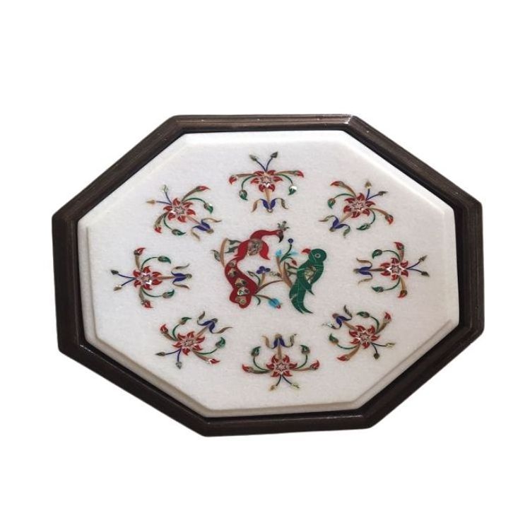 Mosaic White Marble Inlay Table Top, Inlaid With Semi Precious Gemstones Lapis Lazuli Table Top, Pietra Dura Fine Craft Work,