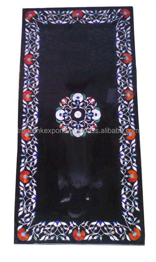 Black Marble Indian Handcrafted Exclusive Dining Table Top Micro Mosaic Inlay Art Work