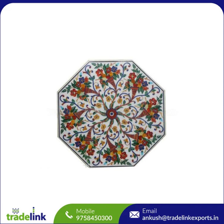 Mosaic White Marble Inlay Table Top, Inlaid With Semi Precious Gemstones Lapis Lazuli Table Top, Pietra Dura Fine Craft Work,