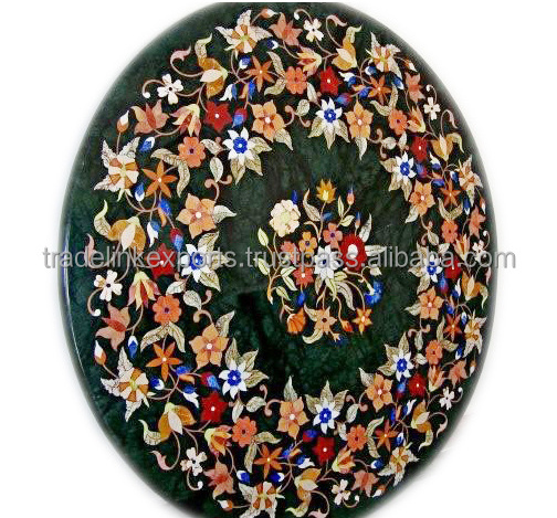 Green Marble Micro Mosaic Inlay Coffee Table Top With Pietra Dura Art Work