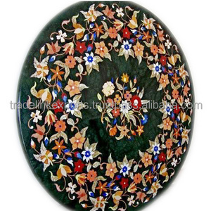 Green Marble Micro Mosaic Inlay Coffee Table Top With Pietra Dura Art Work