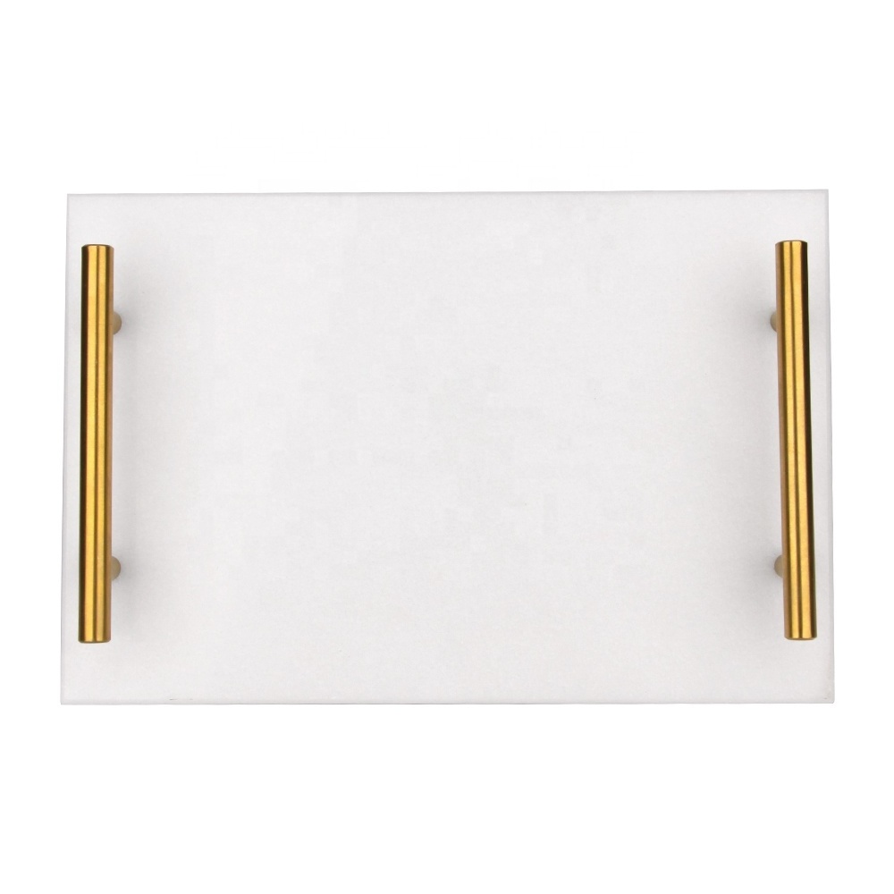 Luxury Rectangle Marble Tray With Golden Handles Marble Serving Tray White Customized Tray With Handles