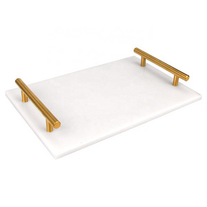 Luxury Rectangle Marble Tray With Golden Handles Marble Serving Tray White Customized Tray With Handles