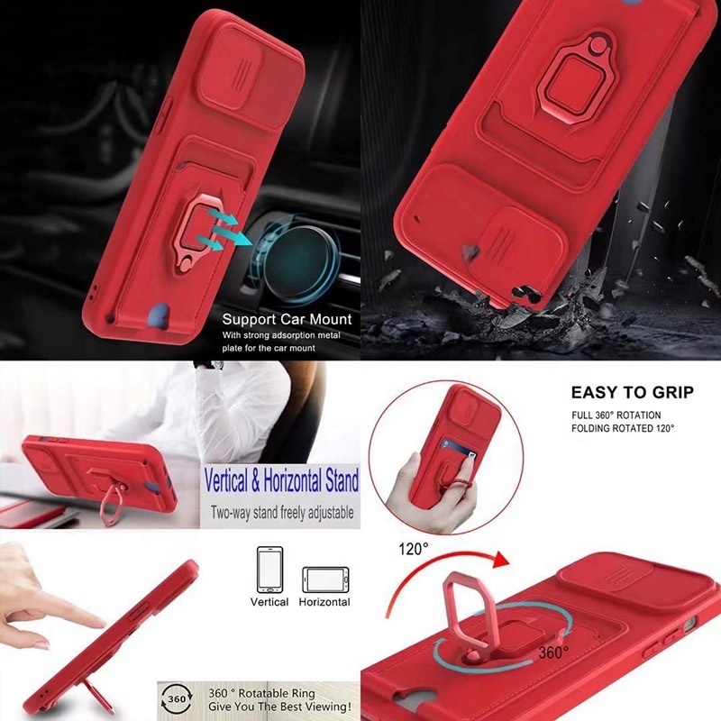 For iPhone 15Promax 14 Pro Card Holder Case With Sliding Camera Cover Lanyard Built-In Stand Drop-Resistant TPU Back Cover