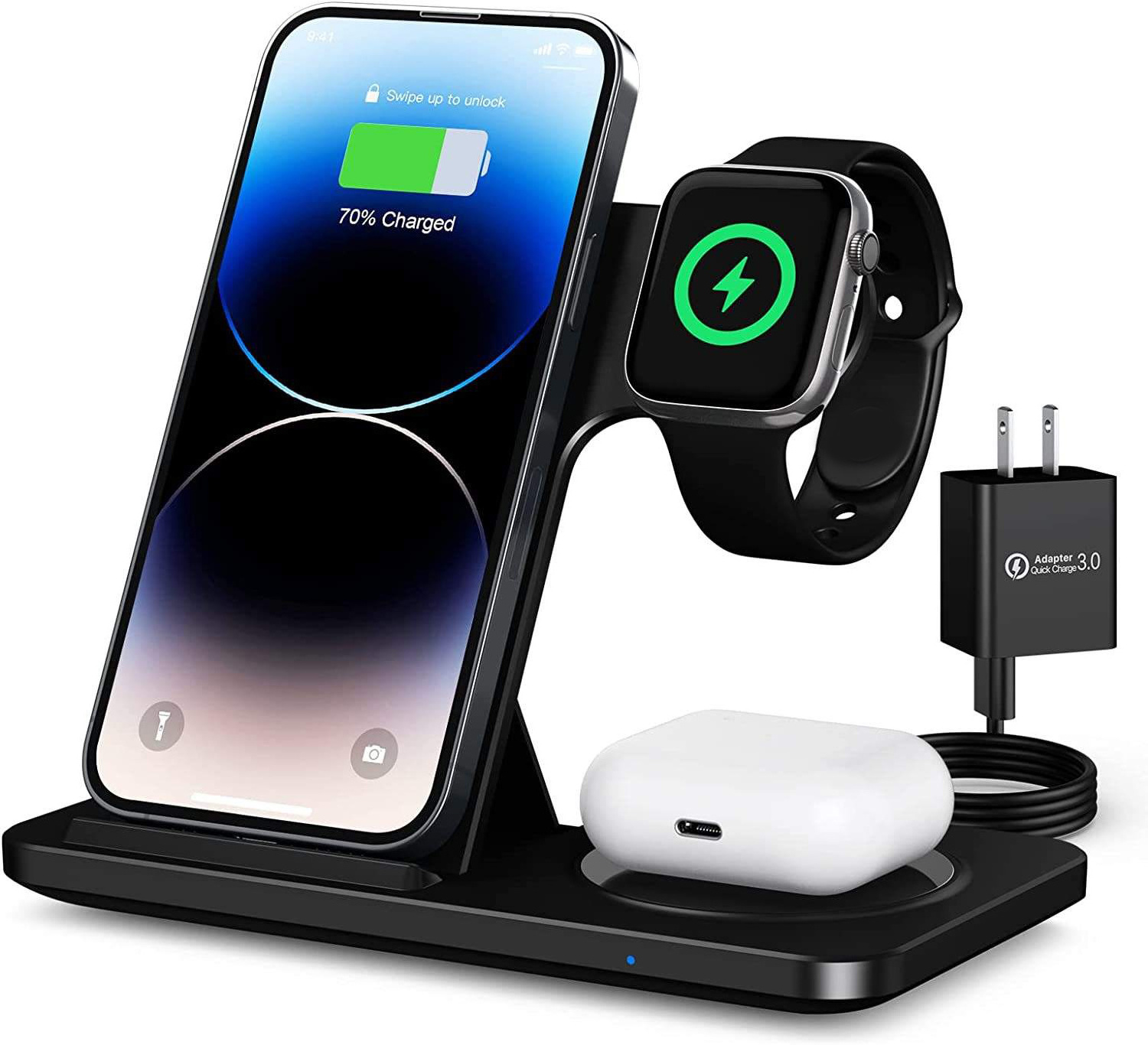 Y011 3 in 1 Mobile Phone Wireless Charger LED Light Folding 15W Earphone Watch Wireless Charger with CE Rohs FCC PSC Certificate