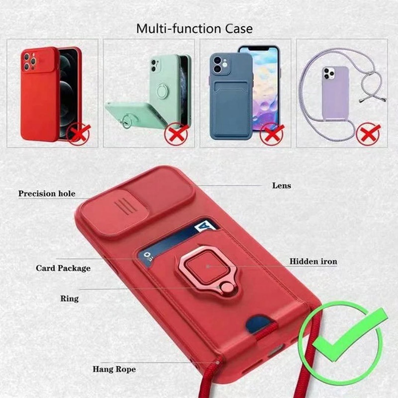 For iPhone 15Promax 14 Pro Card Holder Case With Sliding Camera Cover Lanyard Built-In Stand Drop-Resistant TPU Back Cover