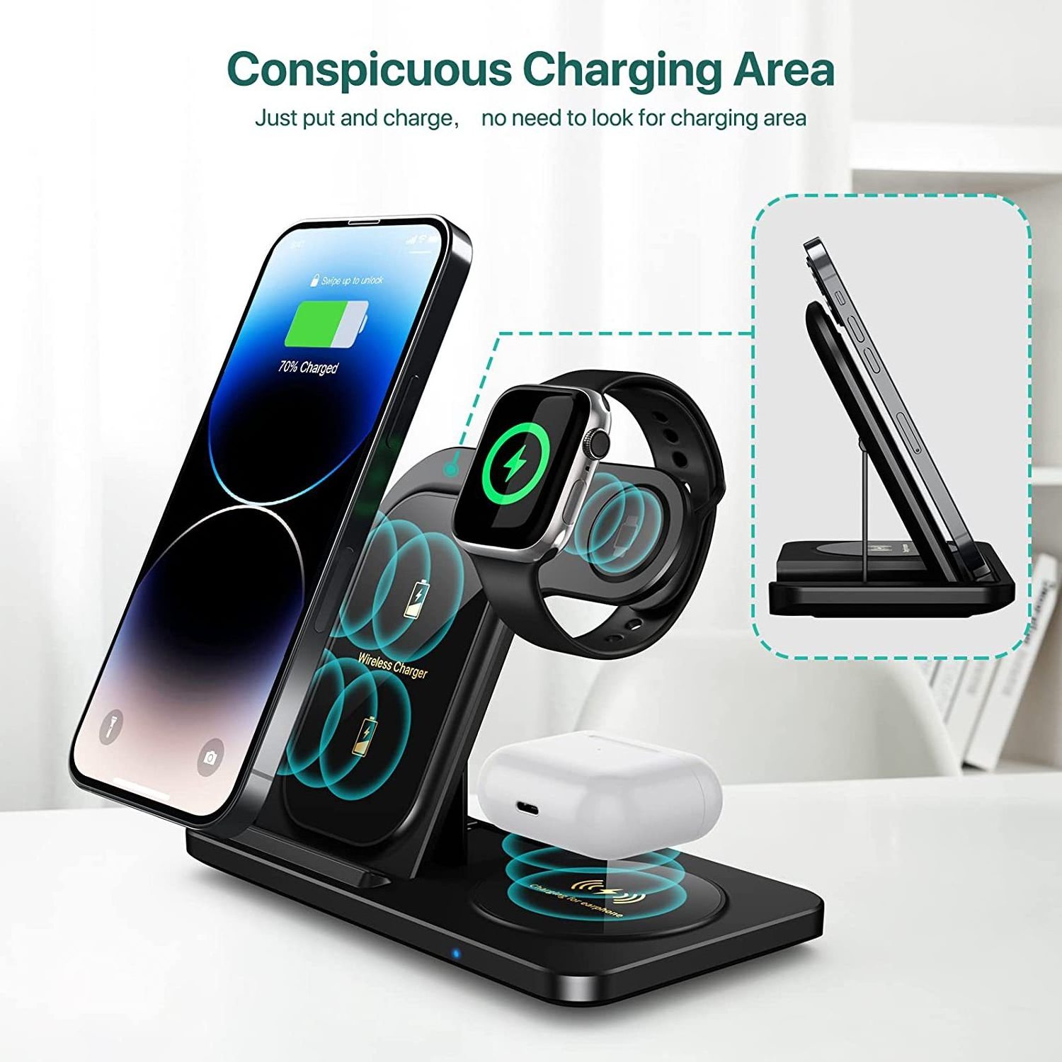 Y011 3 in 1 Mobile Phone Wireless Charger LED Light Folding 15W Earphone Watch Wireless Charger with CE Rohs FCC PSC Certificate