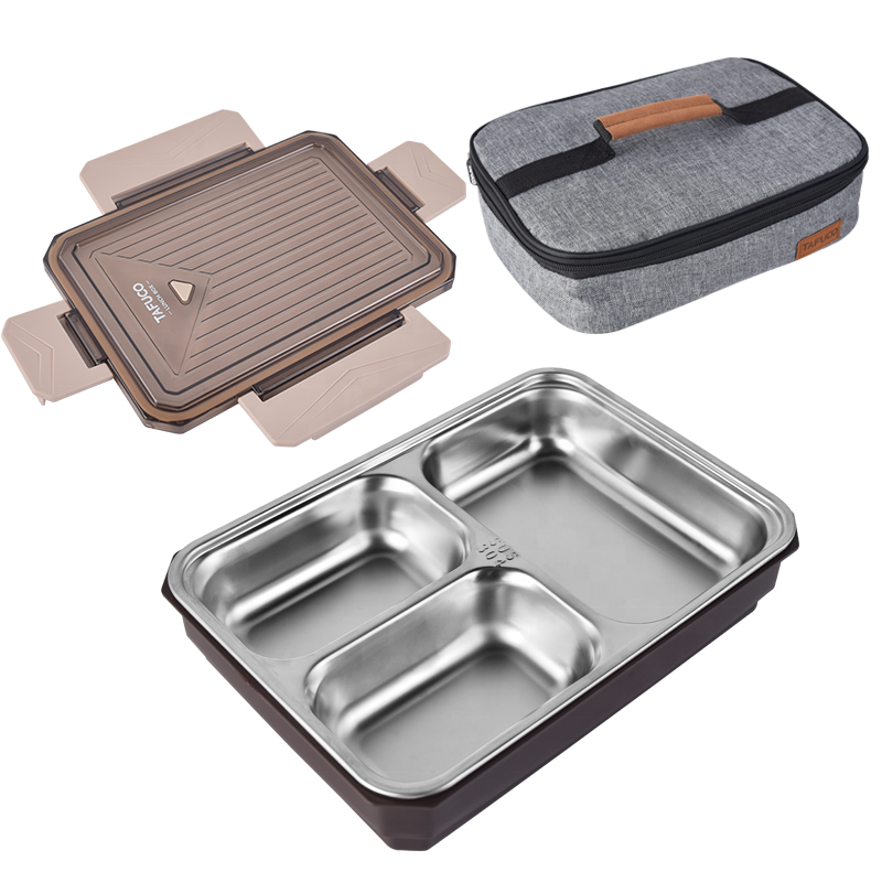 plastic lid Stainless steel 3 compartment plates canteen plates lunch tray