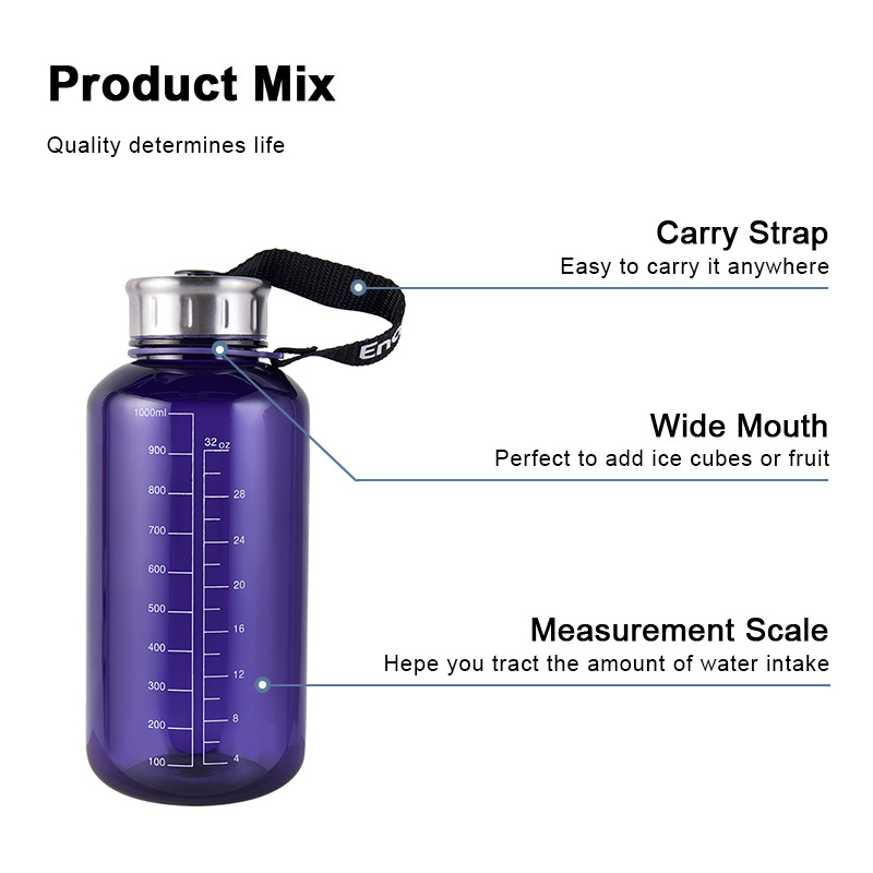 Custom  bpa free 1 liter 32oz alkanline kangen plastic drinking water bottle with time maker shaker cup