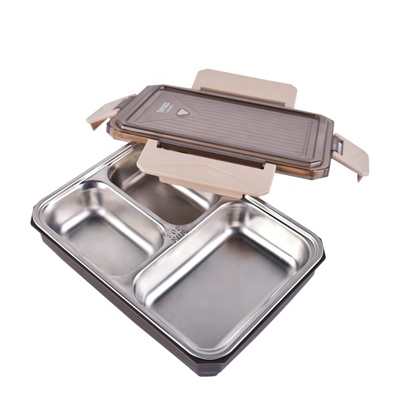 plastic lid Stainless steel 3 compartment plates canteen plates lunch tray