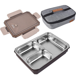 plastic lid Stainless steel 3 compartment plates canteen plates lunch tray