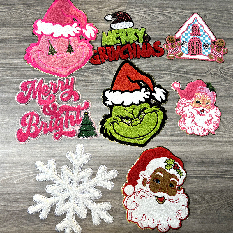 Custom Iron On Patches Towel Chenille Patches Custom Embroidery Christmas Applique Logo Glue On Chenille Patches