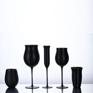 Kitchen Home Bar Colored Drink Glass Drinkware Stemless Crystal Water Drinking Glass Cup Black Wine Glasses with Gold Rim