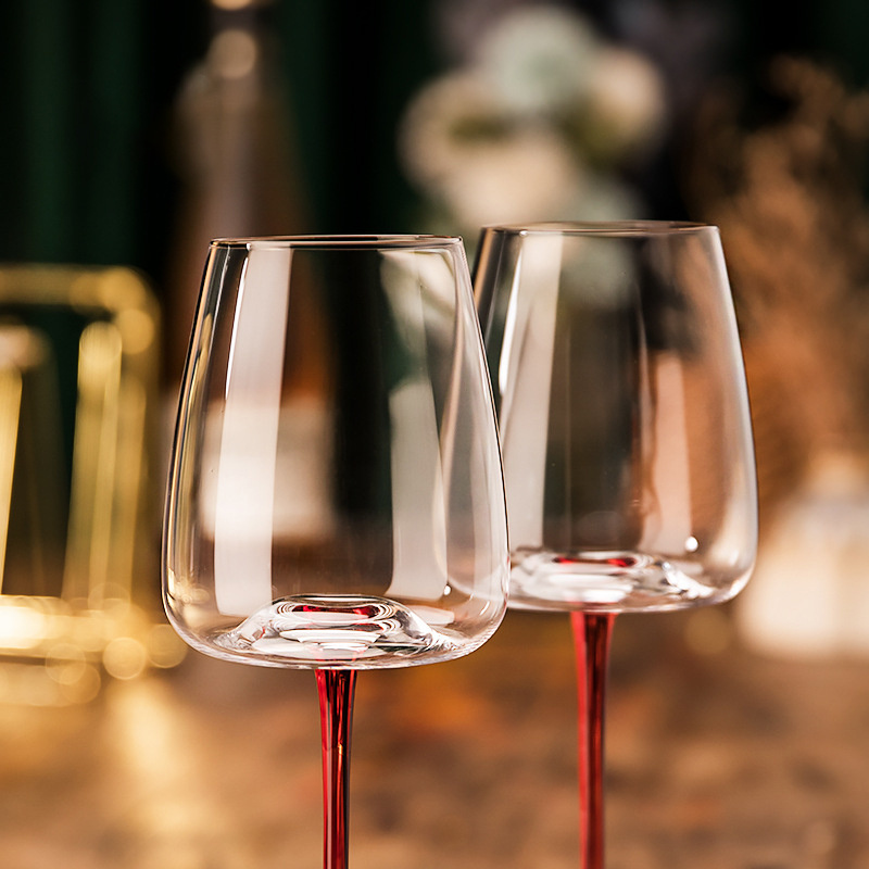 Wholesale Kitchen Light Luxury Wine Glasses Handmade Crystal Wedding Party Drinkware Clear Red Wine Glass Goblet with Red Stem