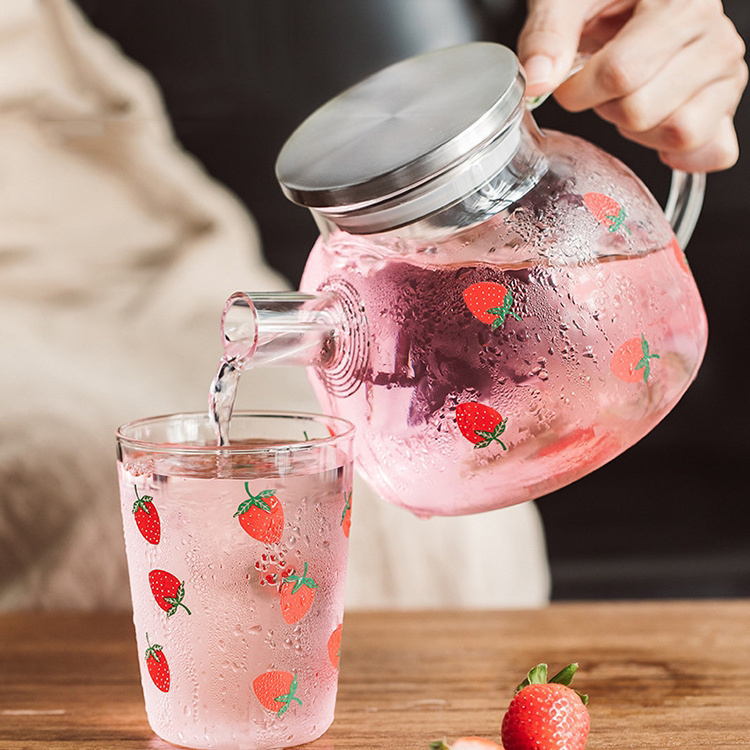 Cute Cheap Strawberry Decal Drinkware Set Cold Large Capacity Fruit Juice Tea Water Glass Bottle Drinking Glass Cups with Straw