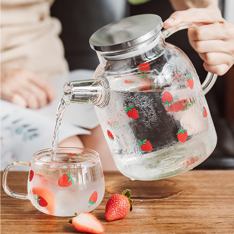 Cute Cheap Strawberry Decal Drinkware Set Cold Large Capacity Fruit Juice Tea Water Glass Bottle Drinking Glass Cups with Straw