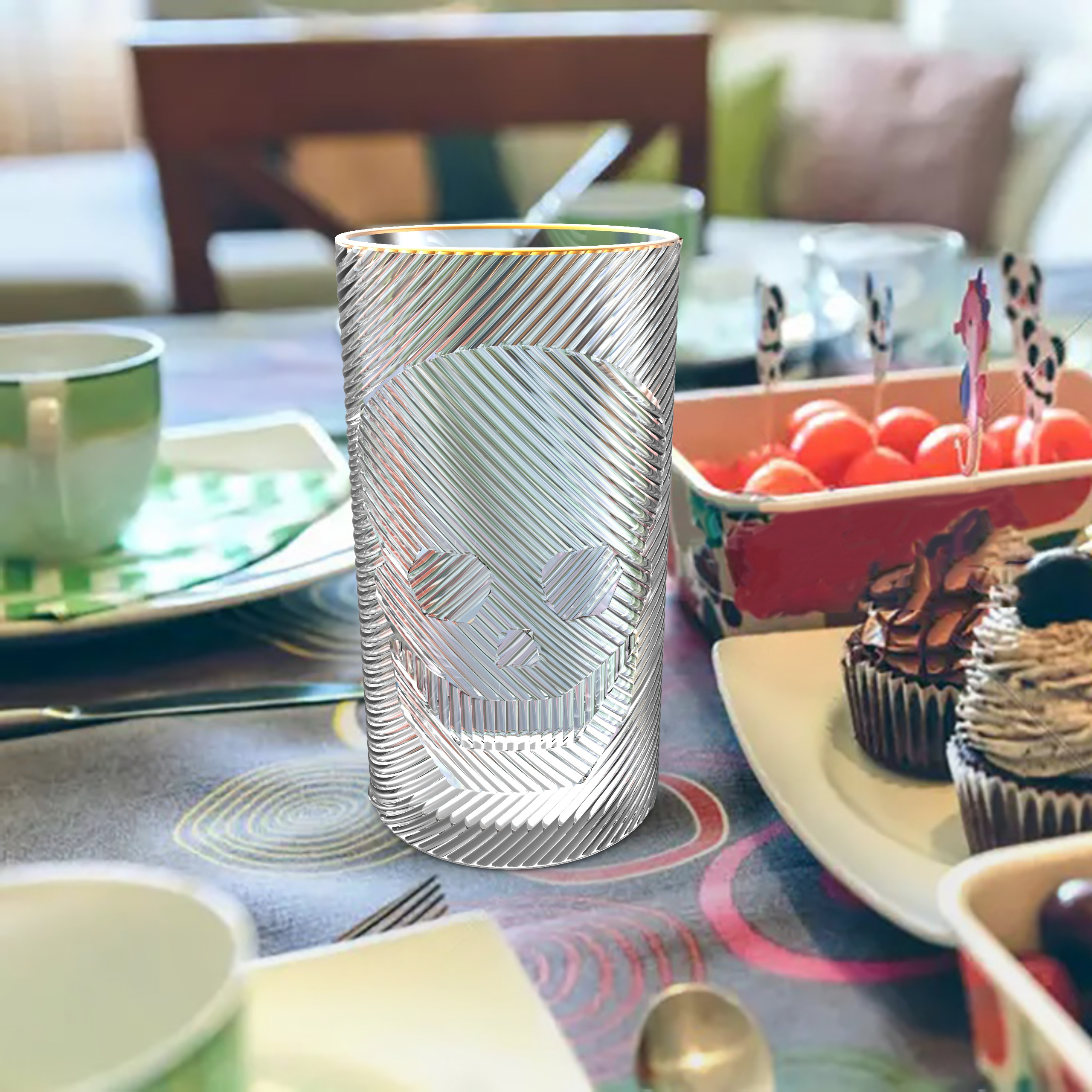 Ribbed Embossed Pattern Wine Glass Mug ribbed drinking glass with Gold Rim