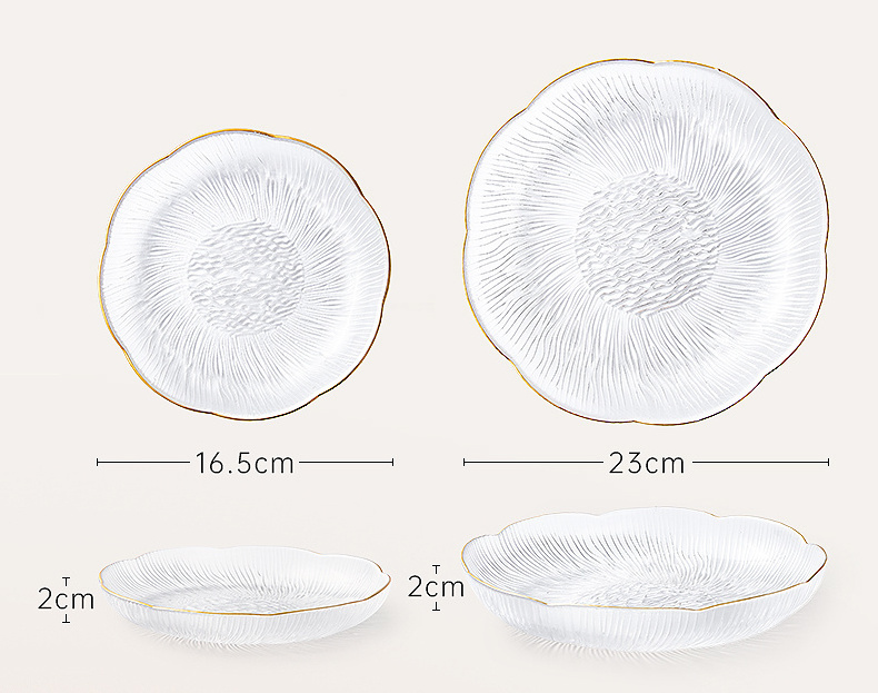 Antique Embossed Line Cake Flower Shape Storage Sheave Clear Disposable And Glass Charger Plate with Gold Rim for Jewelry