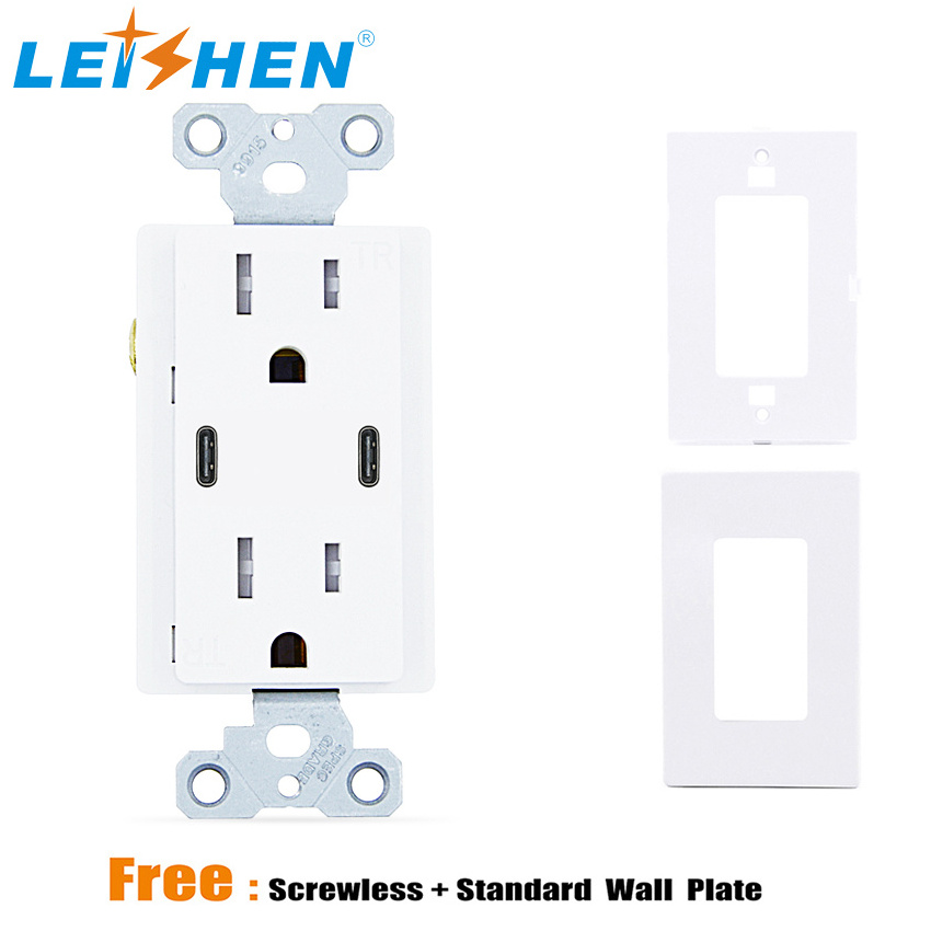 US wall Outlet  3.6A 2Type C PD Fast charge  125V Tamper Resistant Receptacle Frame and Cover white built-in ground Socket