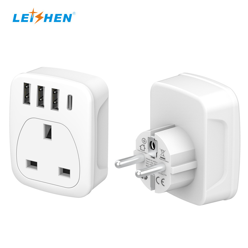 Leishen UK to EU 5-IN-1 Power Strip Travel Essentials Plug with 4 USB Ports European Travel Plug Adapter for Travel Cruise Ship