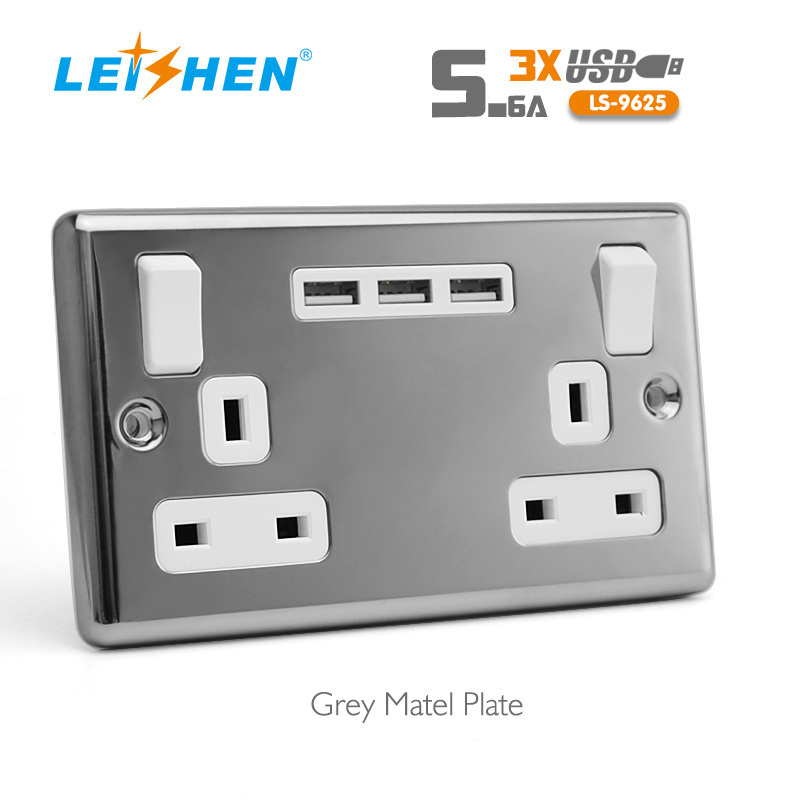 BS Standard Metal Plane 13A Electric UK Wall Socket Switch 3 USB-A 5V/3.1A USB Wall Charger Double Socket