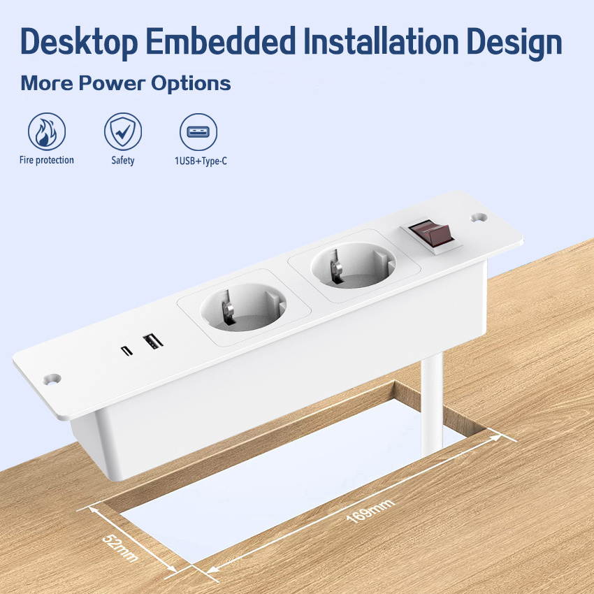 EU Plug Type-C Conference Recessed Power Strip Socket 20W PD Fast Charging with USB 11ft Extension Cord Table Hidden Outlet