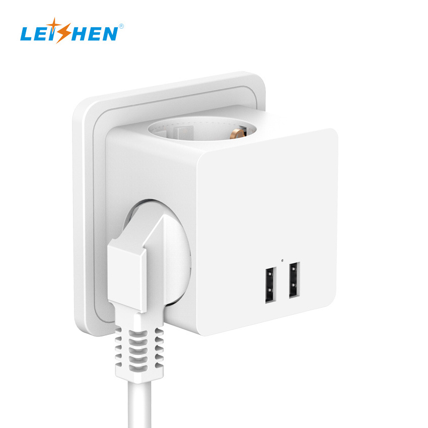 Leishen CE KEMA Listed 5-in-1 Cube Outlet Power Cube Socket Adapter Dual USB-A EU Travel Adapter Desktop Power Extension Socket