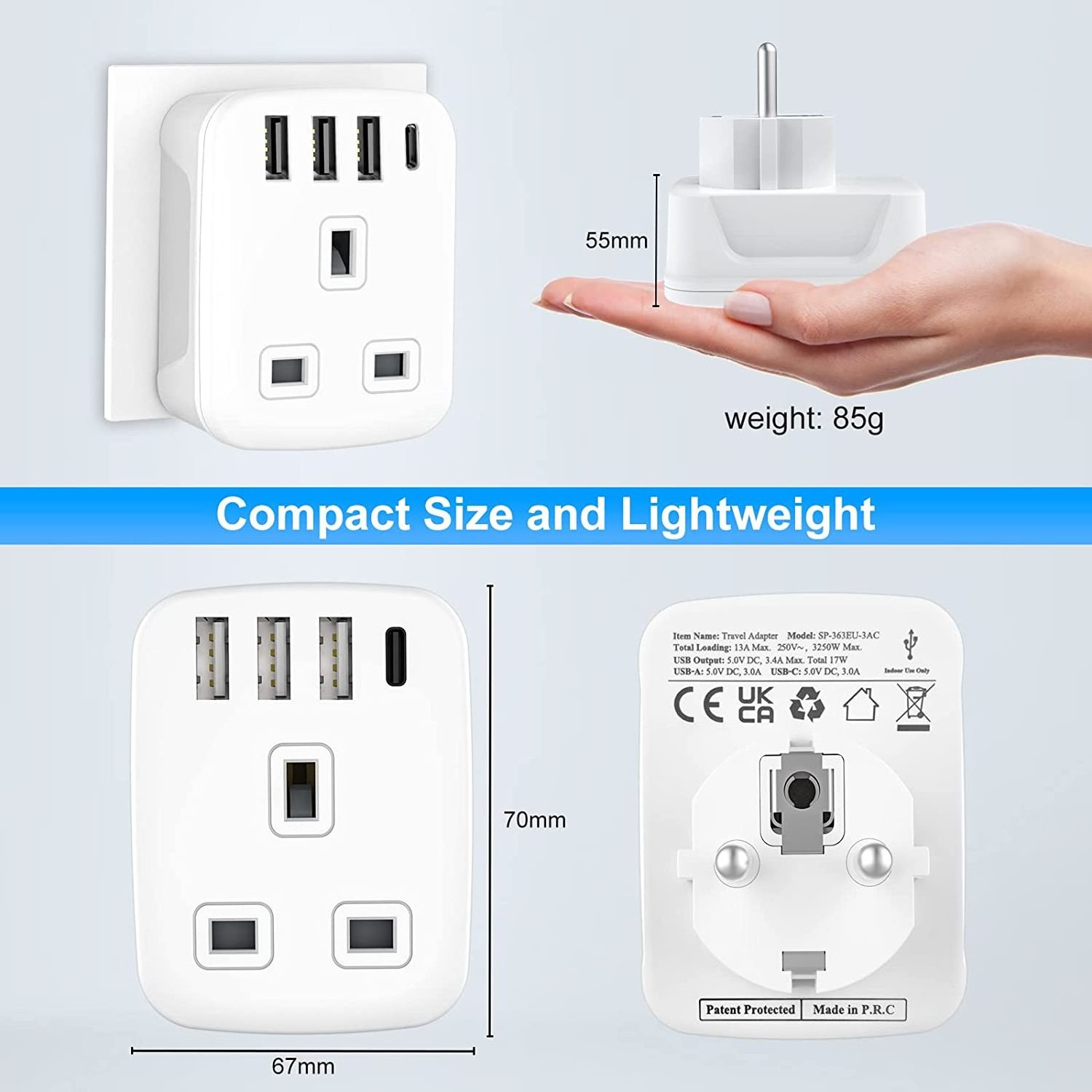 Leishen UK to EU 5-IN-1 Power Strip Travel Essentials Plug with 4 USB Ports European Travel Plug Adapter for Travel Cruise Ship