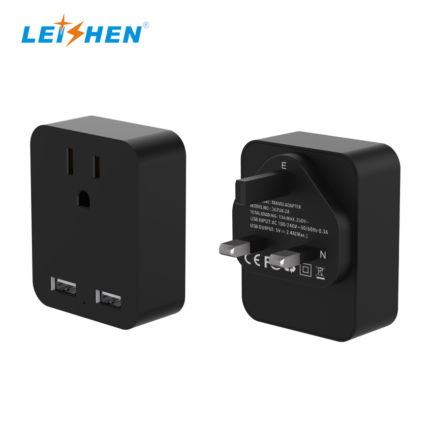 Leishen US to UK Plug Adapter 2 USB-A Type G Power Adapter Travel Essentials Plug for USA to Qatar Ireland England Dubai London