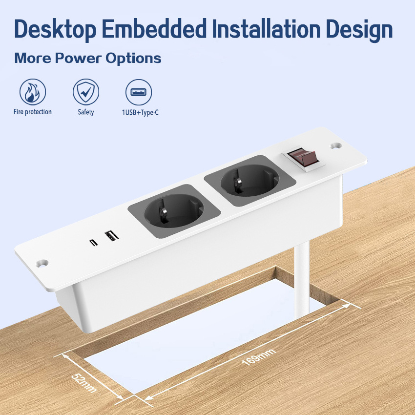 EU Plug Type-C Conference Recessed Power Strip Socket 20W PD Fast Charging with USB 11ft Extension Cord Table Hidden Outlet