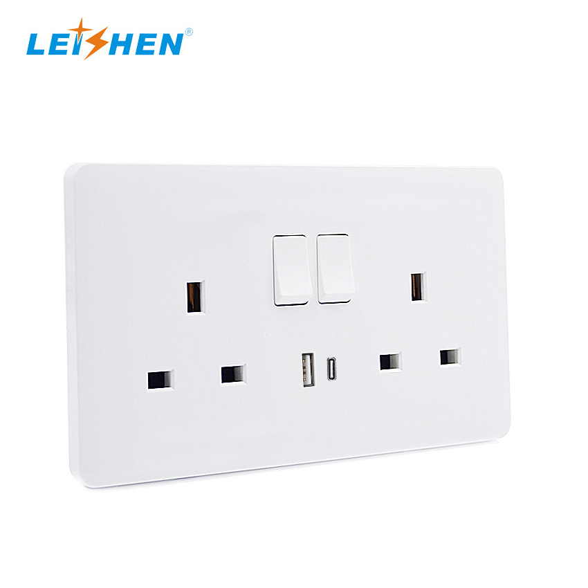 High Quality UKCA 250V 13AMP UK Electrical Smart USB Outlets 2 Gang Double Pole 2 Dual USB-C UK Socket Switch With PD 36W